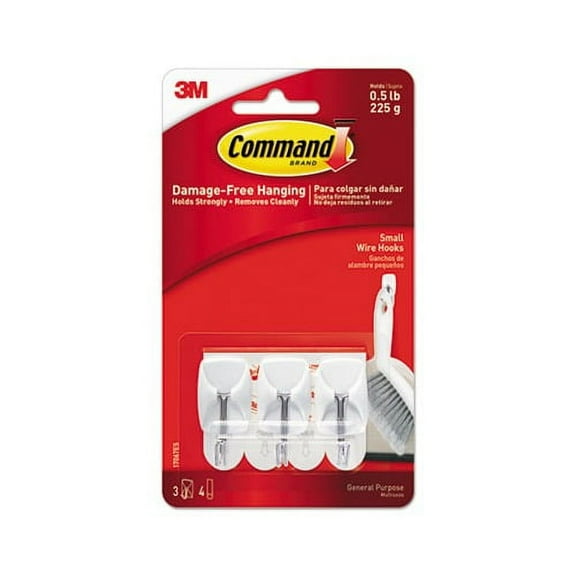 General Purpose Wire Hooks Small, 0.5 lb Cap, White, 3 Hooks and 6 Strips/Pack