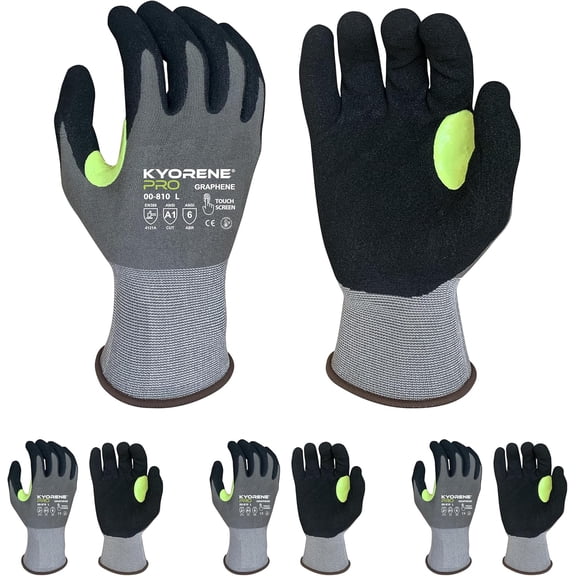 General Purpose Work Gloves Kyorene Pro Graphene 00-810 - ANSI Cut Level A1, Black Nitrile Palm Grip - Touchscreen Compatible for Light Work, Warehousing & Maintenance - Large, 3-Pack