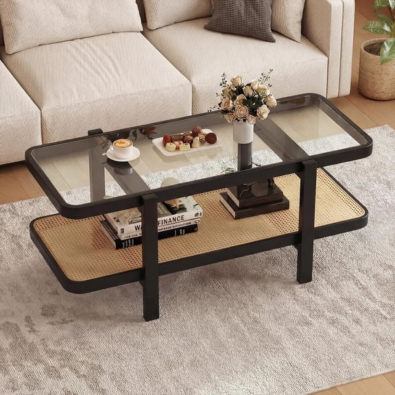 General Rattan Coffee Table, 47.5" Rectangle Solid Wood Tea Table w/Tempered Glass Tabletop, Rattan Storage Shelf, 2-Tier Boho Coffee Tables, Farmhouse Center Table for Living Room (Black)