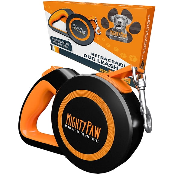 General Retractable Dog Leash 2.0 | 16' Heavy Duty Reflective Nylon Tape Lead for Pets up to 0-50 lbs. Tangle Free Design W/One Touch Quick-Lock Braking System & Anti-Slip Handle (Orange/Lite)