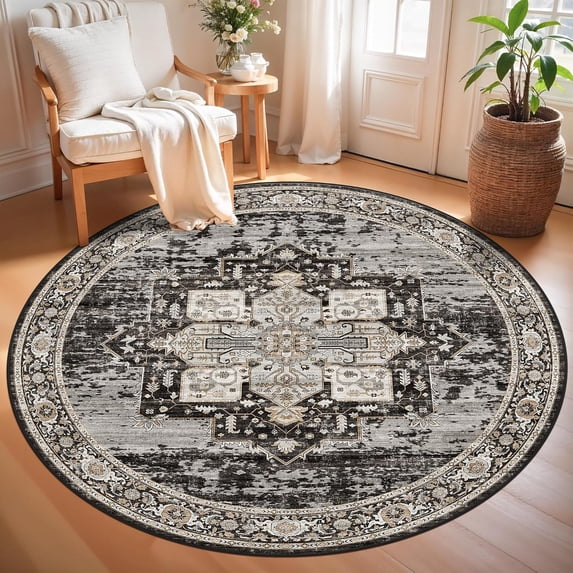 General Round Area Rug: Machine Washable Stain Resistant 5 Round Rug for Living Room,Bedroom Non Slip Low Pile Carpets for Dining Room Ultra Thin Soft Home Decor Floor Mat 5ft Black