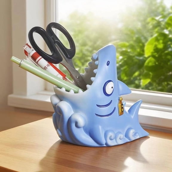 General Shark Splash Pen & Phone Holder, Lightweight Creative Desktop Organizer, for Office Bathroom, Space-Saving Toothbrush Holder, Lively Design Smooth Surface, Playful Shark