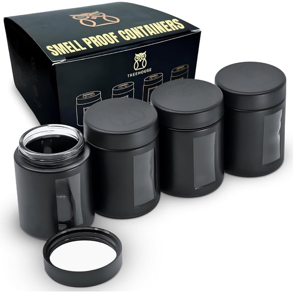 General Smell Proof Containers (120mL), Jars with Airtight Lids for Herbs, Spices, Coffee and Tea, Air Tight Glass Storage Jars with UV Protection Glass, (Set of 4) (Matte Black)