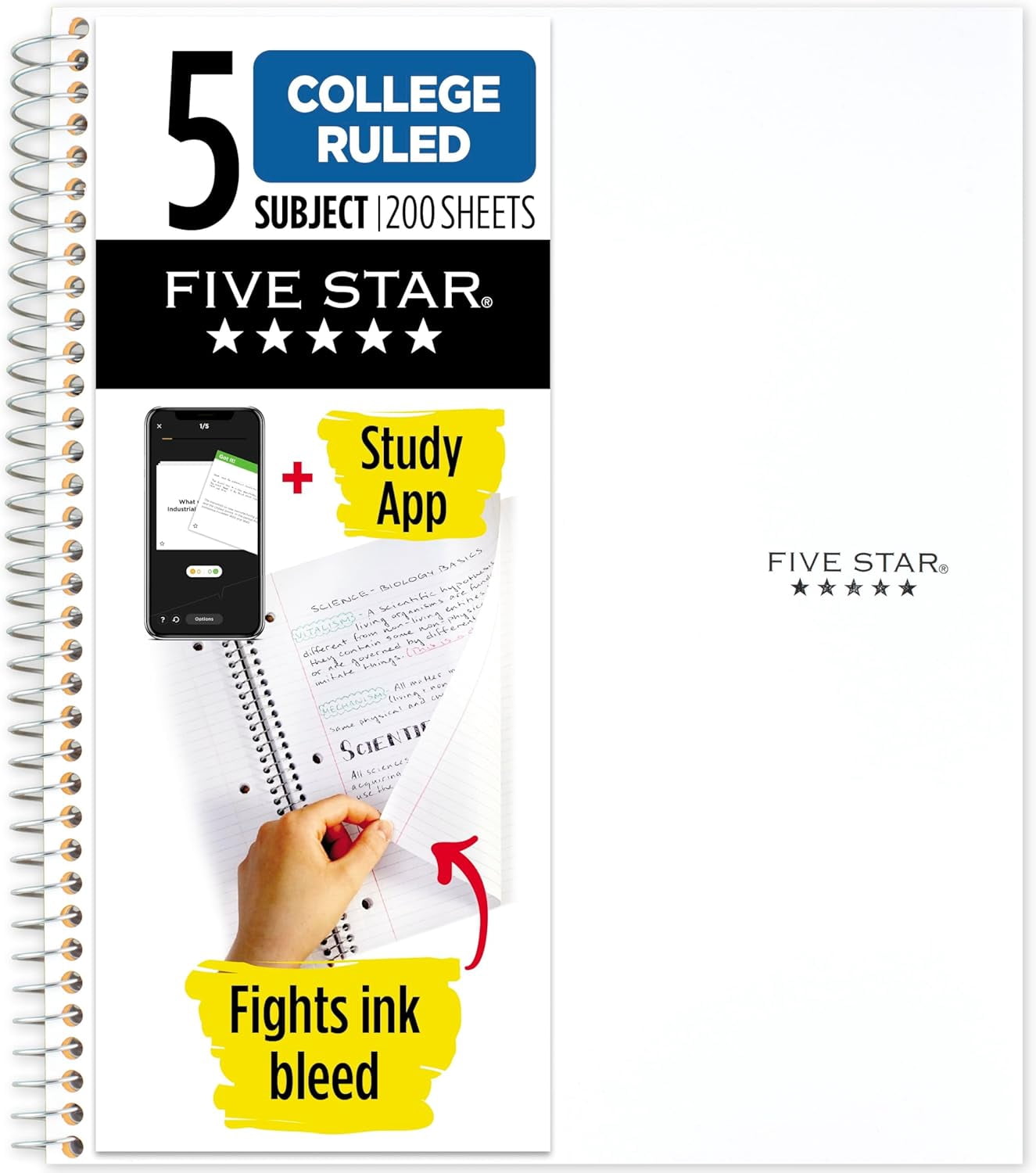 General Spiral Notebook, 5 Subject, College Ruled | 8-1/2" x 11" | 200 Sheets | Water Resistant Cover | White | Pack of 6
