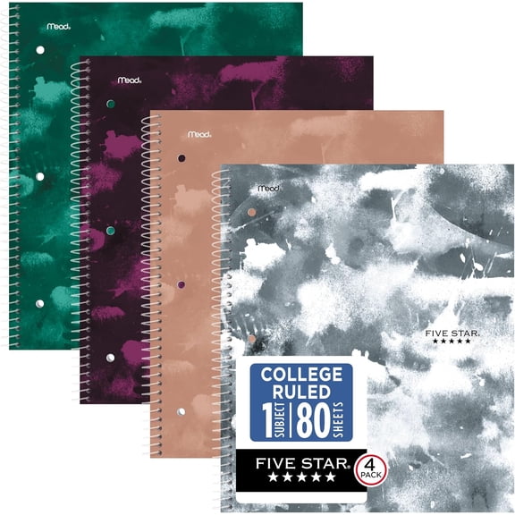 General Spiral Notebook + Study App, 1 Subject, College Ruled Paper, 8-1/2" x 11", 80 Sheets, Graphics, 4 Pack (850221F)