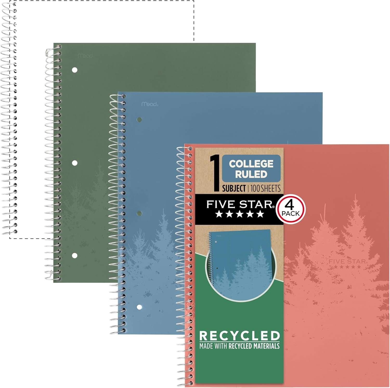 General Spiral Notebook + Study App, 4 Pack, 1 Subject, Recycled College Ruled Paper, 8-1/2" x 11", 100 Sheets, Fights Ink Bleed, Includes 3 Colors + 1 Randomly Selected Color (820046-ECM24)
