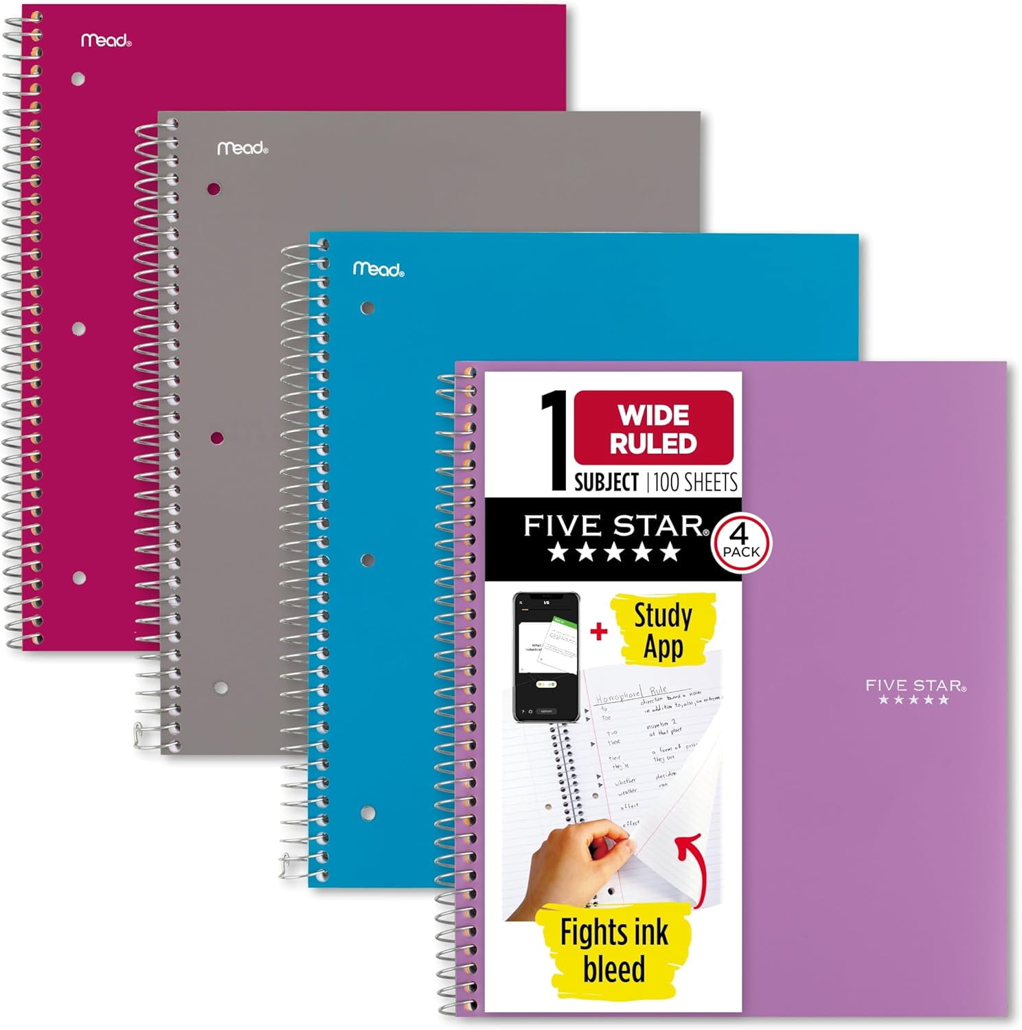 General Spiral Notebook + Study App, 4 Pack, 1 Subject, Wide Ruled Paper, 8" x 10-1/2", 100 Sheets, Fights Ink Bleed, Water Resistant Cover, Purple, Pink, Gray and Blue (930105-ECM)