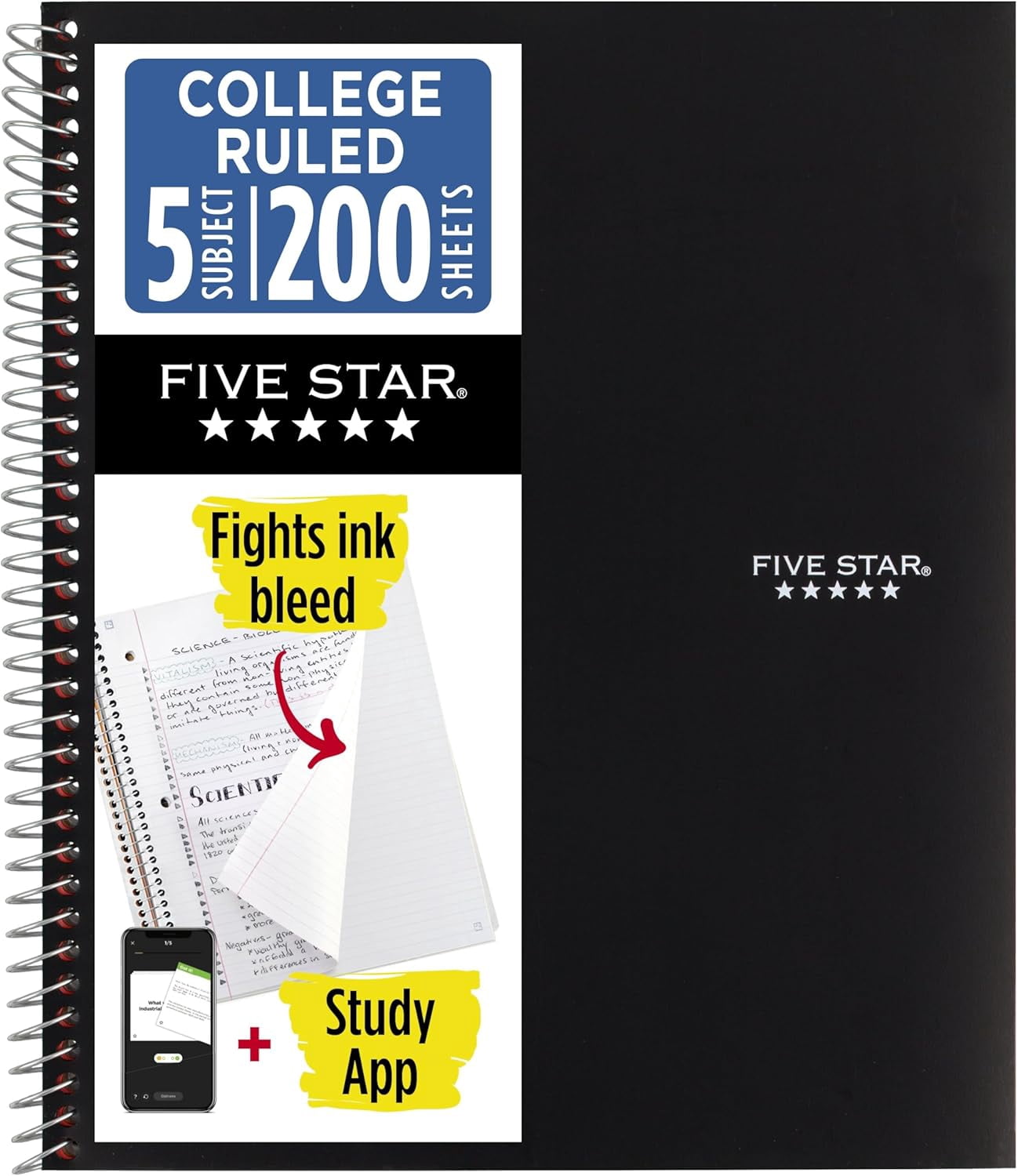 General Spiral Notebook + Study App, 5 Subject, College Ruled Paper, 8-1/2" x 11", 200 Sheets, Fights Ink Bleed, Water Resistant Cover, Black (72081)