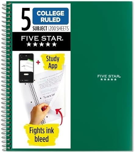 General Spiral Notebook + Study App, 5 Subject, College Ruled Paper, 8-1/2" x 11", 200 Sheets, Fights Ink Bleed, Water Resistant Cover, Forest Green (72079) (Pack of 6)