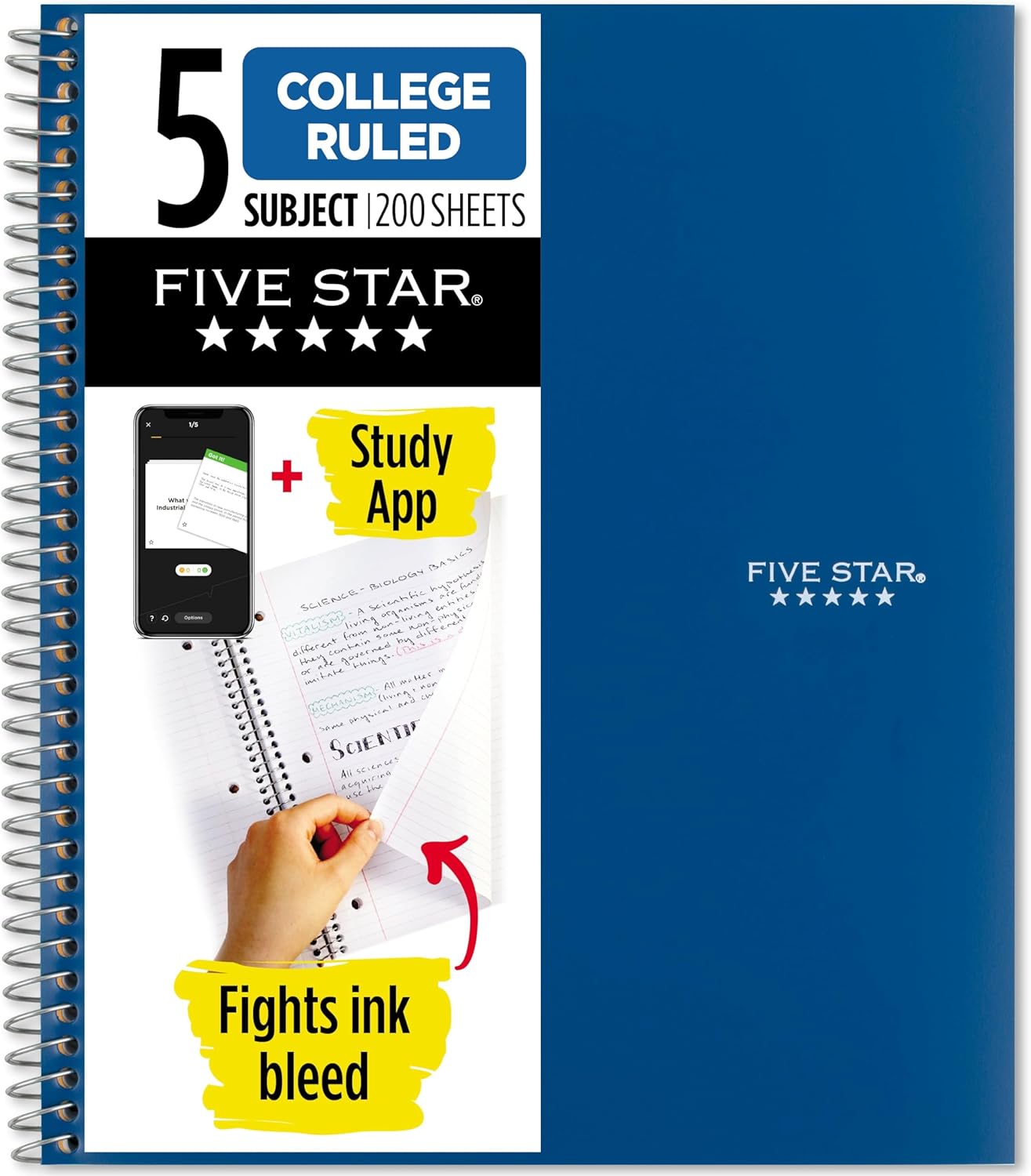 General Spiral Notebook + Study App, 5 Subject, College Ruled Paper, 8-1/2" x 11", 200 Sheets, Fights Ink Bleed, Water Resistant Cover, Pacific Blue (73635)