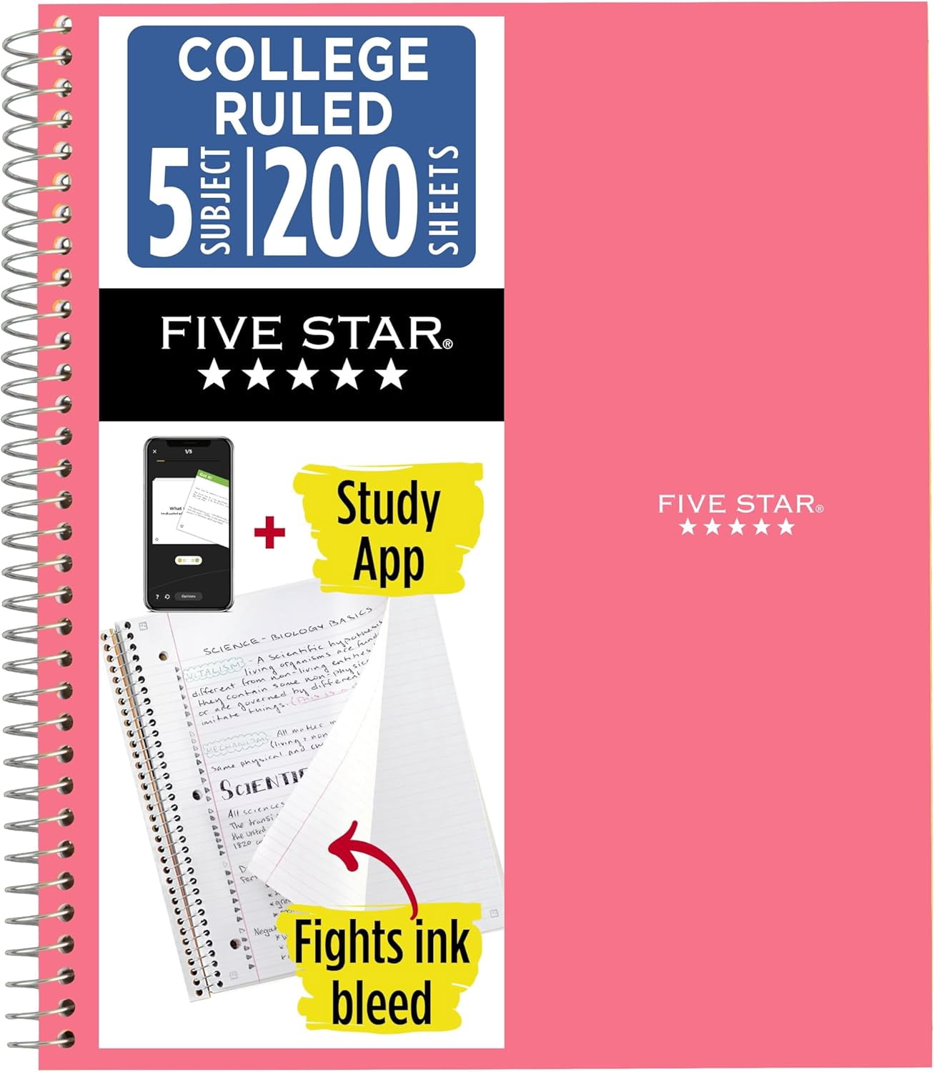 General Spiral Notebook + Study App, 5 Subject, College Ruled Paper, 8-1/2" x 11", 200 Sheets, Fights Ink Bleed, Water Resistant Cover, Prom Pink (820004R)