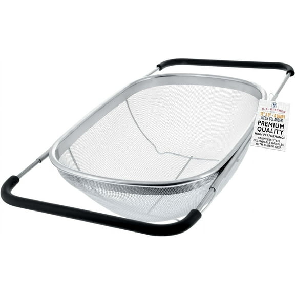 U.S. Kitchen Supply 6-Qt Stainless Steel Colander Strainer, Expandable Handles, Fine Mesh, Over Sink, Collapsible for Pasta, Veggies, Fruits