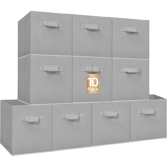 General Storage Cubes, 11 Inch Collapsible Storage Bins with Handles, 10 Pack Fabric Foldable Bins for Organization, Durable Storage Bins for Closet, Shelves, Offices, Toys, 10-Pack Grey