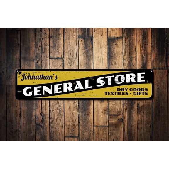 General Store Sign Dry Goods Textiles & Gifts Sign Custom Shop Name Sign Metal Country Decor - ENS1001397 - Size: 16 x 4 Inches