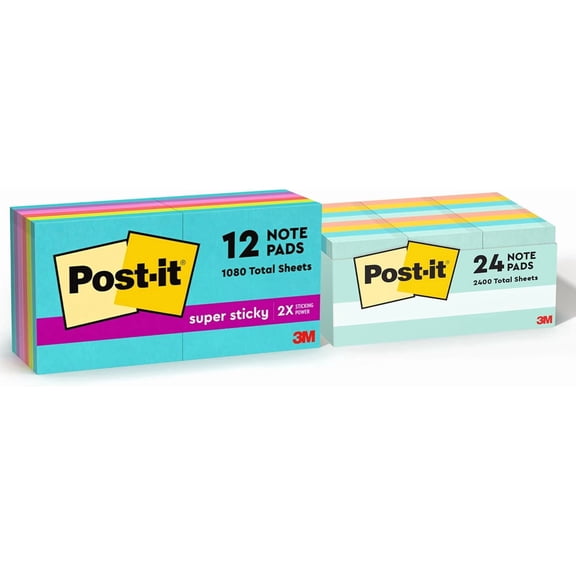 General Super Sticky Notes, 3x3 in, 12 Pads, 2X The Sticking Power, Supernova Neons, Bright Colors, Recyclable (654-12SSMIA) & Notes, 1.5x2 in, 24 Pads, America's #1 Favorite Sticky Notes, Beachside