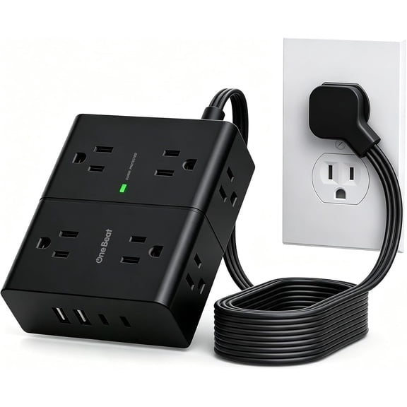 General Surge Protector Power Strip, 6 Ft Ultra Thin Flat Extension Cord with 8 Outlets 4 USB Ports(2 USB C), Flat Plug Power Strip, White Power Strip for Home, Office, Dorm Room Essentials, Black