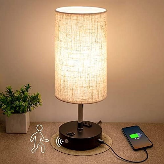 General Table Lamp with Motion Sensor and Constant on Mode, USB Lamp Include Warm White Bulb, Built in USB Port & AC Outlet, Bedside Lamp Idea for Bedroom Retro Cream
