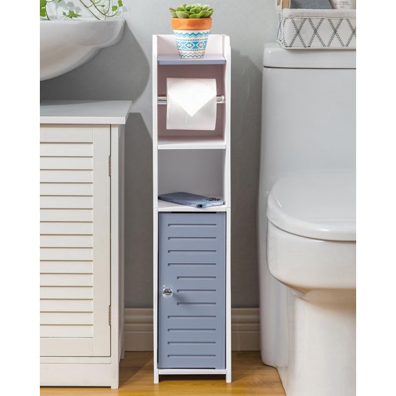 General Toilet Paper Holder Stand: Small Bathroom Storage Cabinet - Light Grey - White