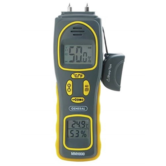 General Tools MMH800 4-In-1 Combo Moisture Meter, Pin Type or Pinless, Temperature and Humidity, Dual LCD Displays, Audible Alarm