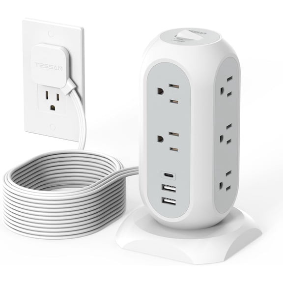 General Tower Power Strip Flat Plug with 11 Outlets 3 USB (1 USB C), Surge Protector Tower 1625W/13A,1050J Protection, 15 Feet Extension Cord with Multiple Outlets, Dorm, Office Desk Supplies, Grey