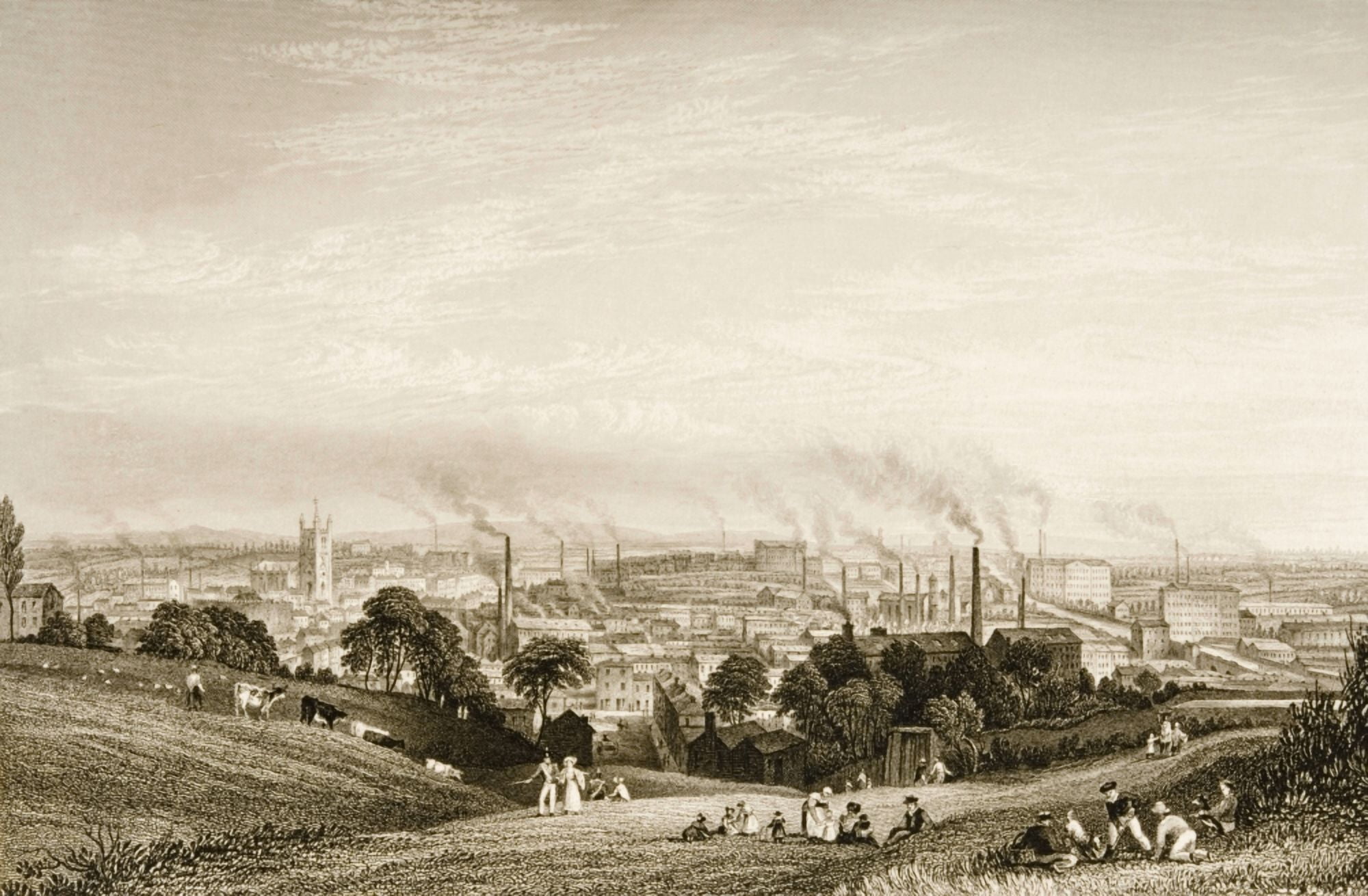 General View Of Stockport Lancashire In 1830S Showing Cotton Mills Drawn By G Pickering Engraved By JC Varrall Canvas Art - Ken Welsh Design Pics (34 x 22)