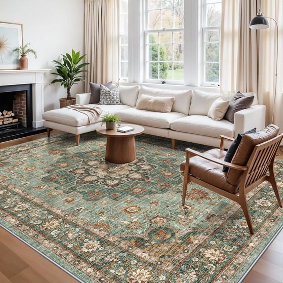 General Washable 10x13 Area Rug - Ultra Soft Living Room Area Rug Under Sofa Non-Slip Rugs for Bedroom Dining Room - Stain Resistant Farmhouse Decor for Family with Pets & Kids (Green, 10x13)