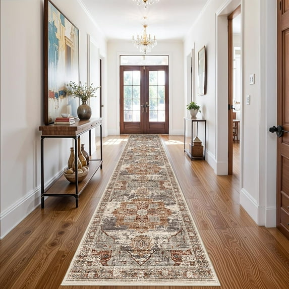 General Washable 3X14 Runner Rugs - Large Boho Rugs for Living Room Stain Resistant Carpet Vintage Tribal Rugs for Bedroom Kitchen Bathroom Non Slip Backing Home Decor Floor Decoration Mat 3X14 Brick