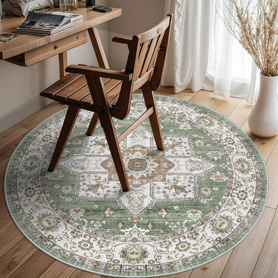 General Washable 4round Area Rugs - Boho Rugs for Living Room Stain Resistant Carpet Vintage Tribal Rugs for Bedroom Kitchen Bathroom with Non Slip Backing Home Decor Floor Decoration Mat 4ft Sage