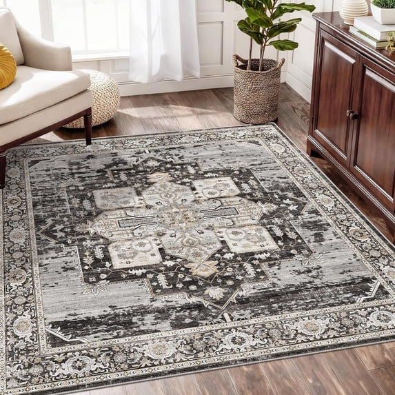 General Washable 5 x 5 Square Rug- Area Rugs for Living Room Stain Resistant Carpet Soft Rugs for Married Woman in Bedroom Kitchen Dining Room with Non Slip Backing Home 5x5 Black