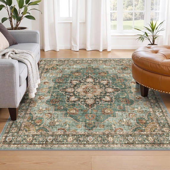 General Washable 5x5 Rug Square - Ultra Soft Living Room Area Rug Under Sofa Non-Slip Rugs for Bedroom Dining Room - Stain Resistant Farmhouse Decor for Family with Pets & Kids (Green, 5x5)