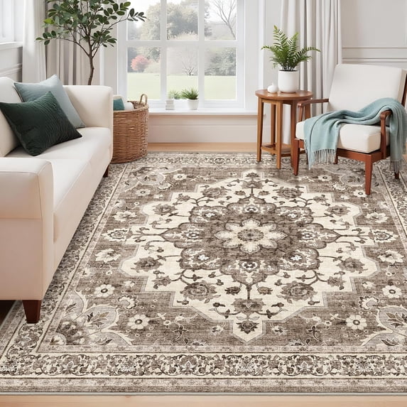 General Washable 6x6 Rug Square - Ultra Soft Living Room Area Rug Under Sofa Non-Slip Rugs for Bedroom Dining Room - Stain Resistant Farmhouse Decor for Family with Pets & Kids (Beige, 6x6)