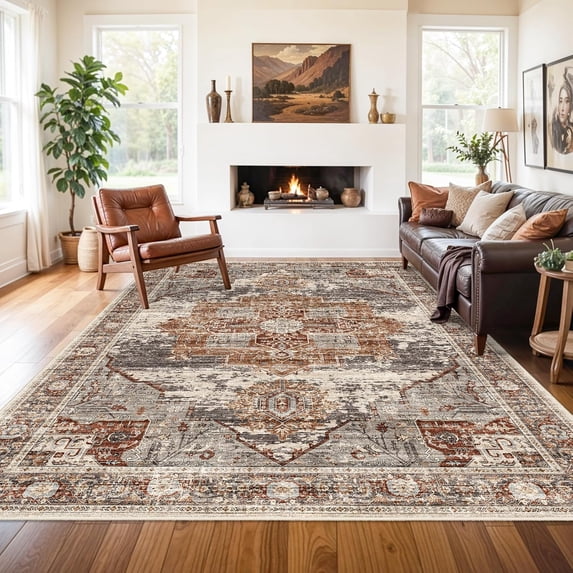 General Washable 8x10 Area Rugs - Large Rugs for Living Room Stain Resistant Carpet Vintage Rugs for Bedroom with Non Slip Backing Home Decor Floor Decoration Mat (8x10 Brick)
