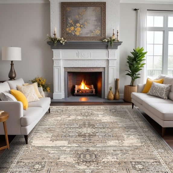General Washable 8x10 Area Rugs - Large Rugs for Living Room Stain Resistant Carpet Vintage Rugs for Bedroom with Non Slip Backing Home Decor Floor Decoration Mat (8x10 Beige)