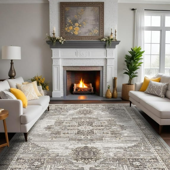 General Washable 8x10 Area Rugs - Large Rugs for Living Room Stain Resistant Carpet Vintage Rugs for Bedroom with Non Slip Backing Home Decor Floor Decoration Mat (8x10 Grey)