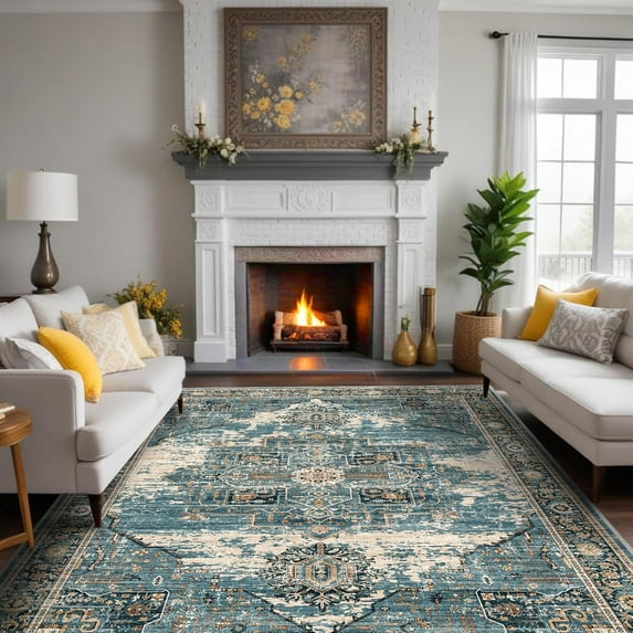 General Washable 8x10 Area Rugs - Large Rugs for Living Room Stain Resistant Carpet Vintage Rugs for Bedroom with Non Slip Backing Home Decor Floor Decoration Mat (8x10 Blue)
