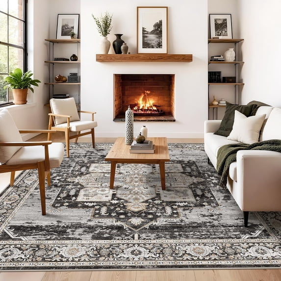 General Washable 8x8 Square Rug - Large Rugs for Living Room Stain Resistant Carpet Soft Rugs for Married Woman in Bedroom Kitchen with Non Slip Backing Home Decor Floor 8x8 Black