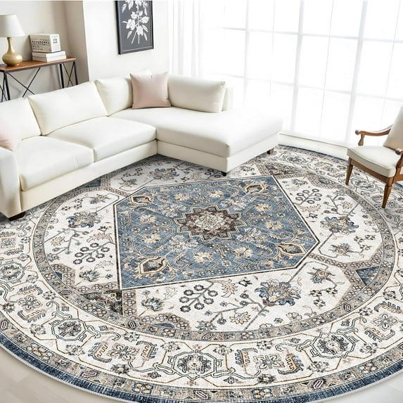 General Washable 9 Round Rug - Large Boho Rugs for Living Room Stain Resistant Carpet for Bedroom Kitchen Bathroom with Non Slip Backing Home Decor Floor Decoration Mat 9ft Navy