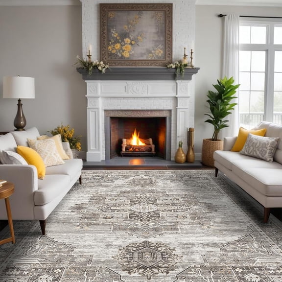 General Washable 9x12 Area Rugs - Large Rugs for Living Room Stain Resistant Carpet Vintage Rugs for Bedroom with Non Slip Backing Home Decor Floor Decoration Mat (9x12 Grey)