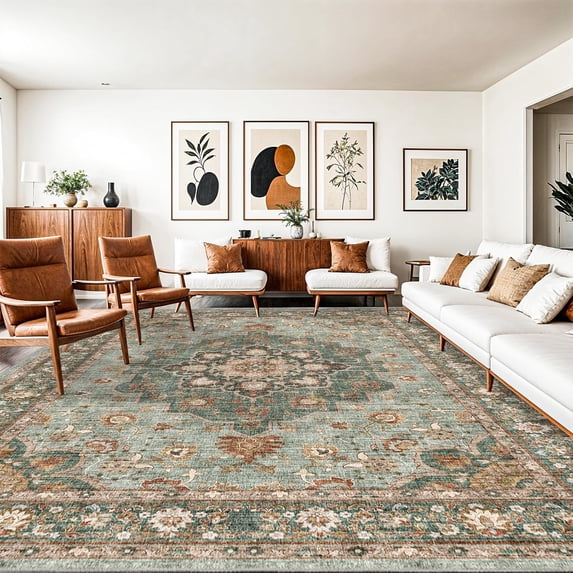 General Washable Oriental Area Rug - 10x14 Rugs for Living Room Soft Carpet for Bedroom Waterproof Floral Distressed Indoor Stain Resistant Non-Shedding Floor Carpets (Green, 10X14)