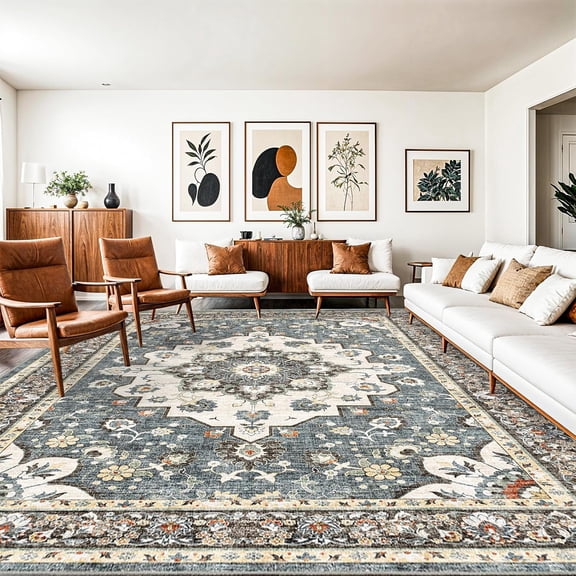 General Washable Oriental Area Rug - 10x14 Rugs for Living Room Soft Carpet for Bedroom Waterproof Floral Distressed Indoor Stain Resistant Non-Shedding Floor Carpets (Blue, 10X14)
