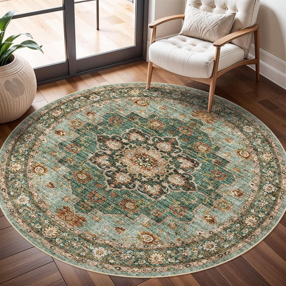 General Washable Oriental Area Rug - 3ft Round Rugs for Living Room Soft Carpet for Bedroom Waterproof Floral Distressed Indoor Stain Resistant Non-Shedding Floor Carpets (Green, 3ft-Round)