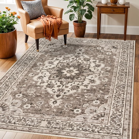 General Washable Oriental Area Rug - 3x5 Rugs for Living Room Soft Carpet for Bedroom Waterproof Floral Distressed Indoor Stain Resistant Non-Shedding Floor Carpets (Beige, 3X5)