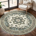 thumbnail image 1 of General Washable Oriental Area Rug - 4ft Round Rugs for Living Room Soft Carpet for Bedroom Waterproof Floral Distressed Indoor Stain Resistant Non-Shedding Floor Carpets (Blue, 4ft-Round), 1 of 12