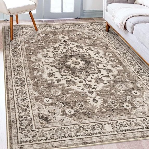 General Washable Oriental Area Rug - 5x7 Rugs for Living Room Soft Carpet for Bedroom Waterproof Floral Distressed Indoor Stain Resistant Non-Shedding Floor Carpets (Beige, 5x7)