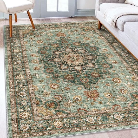 General Washable Oriental Area Rug - 5x8 Rugs for Living Room Soft Carpet for Bedroom Waterproof Floral Distressed Indoor Stain Resistant Non-Shedding Floor Carpets (Green, 5x8)