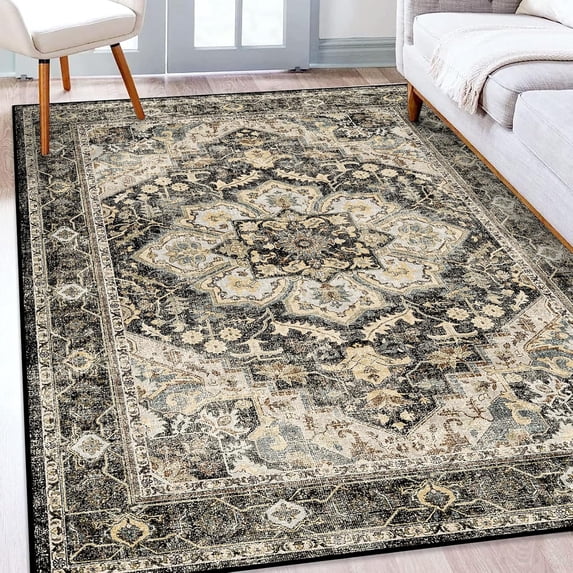 General Washable Oriental Area Rug - 5x8 Rugs for Living Room Soft Carpet for Bedroom Waterproof Floral Distressed Indoor Stain Resistant Non-Shedding Floor Carpets (Black/Grey, 5x8)