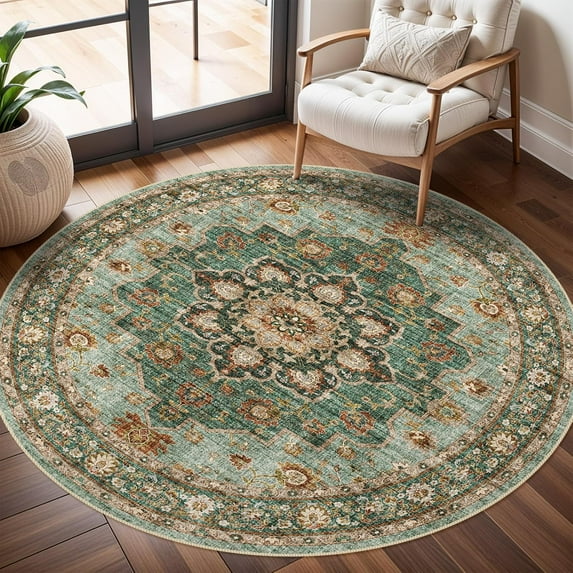 General Washable Oriental Area Rug - 6ft Round Rugs for Living Room Soft Carpet for Bedroom Waterproof Floral Distressed Indoor Stain Resistant Non-Shedding Floor Carpets (Green, 6ft-Round)