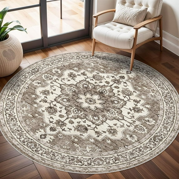 General Washable Oriental Area Rug - 6ft Round Rugs for Living Room Soft Carpet for Bedroom Waterproof Floral Distressed Indoor Stain Resistant Non-Shedding Floor Carpets (Beige, 6ft-Round)