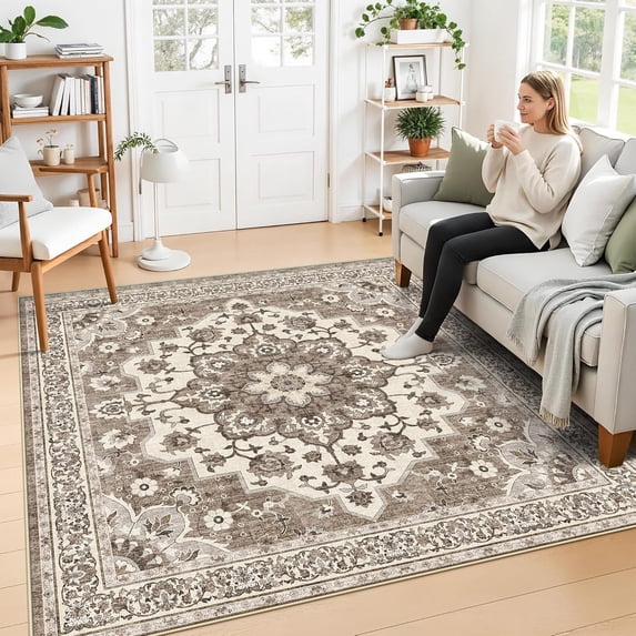 General Washable Oriental Area Rug - 8x8 Area Rugs for Living Room Bedroom Dining Room Under Kitchen Table - Non-Slip & Stain Resistance Rug for High Traffic Area (Beige, 8x8)