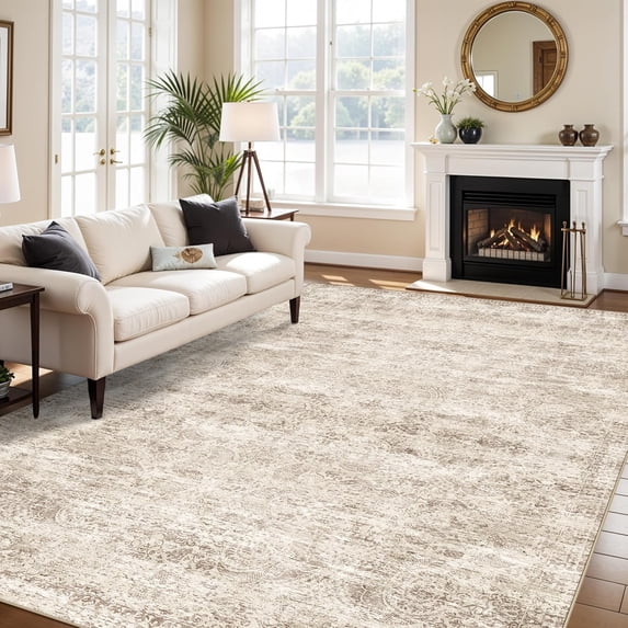 General Washable Oriental Area Rug - 9x12 Rugs for Living Room Soft Carpet for Bedroom Waterproof Floral Distressed Indoor Stain Resistant Non-Shedding Floor Carpets (Beige Brown, 9x12)